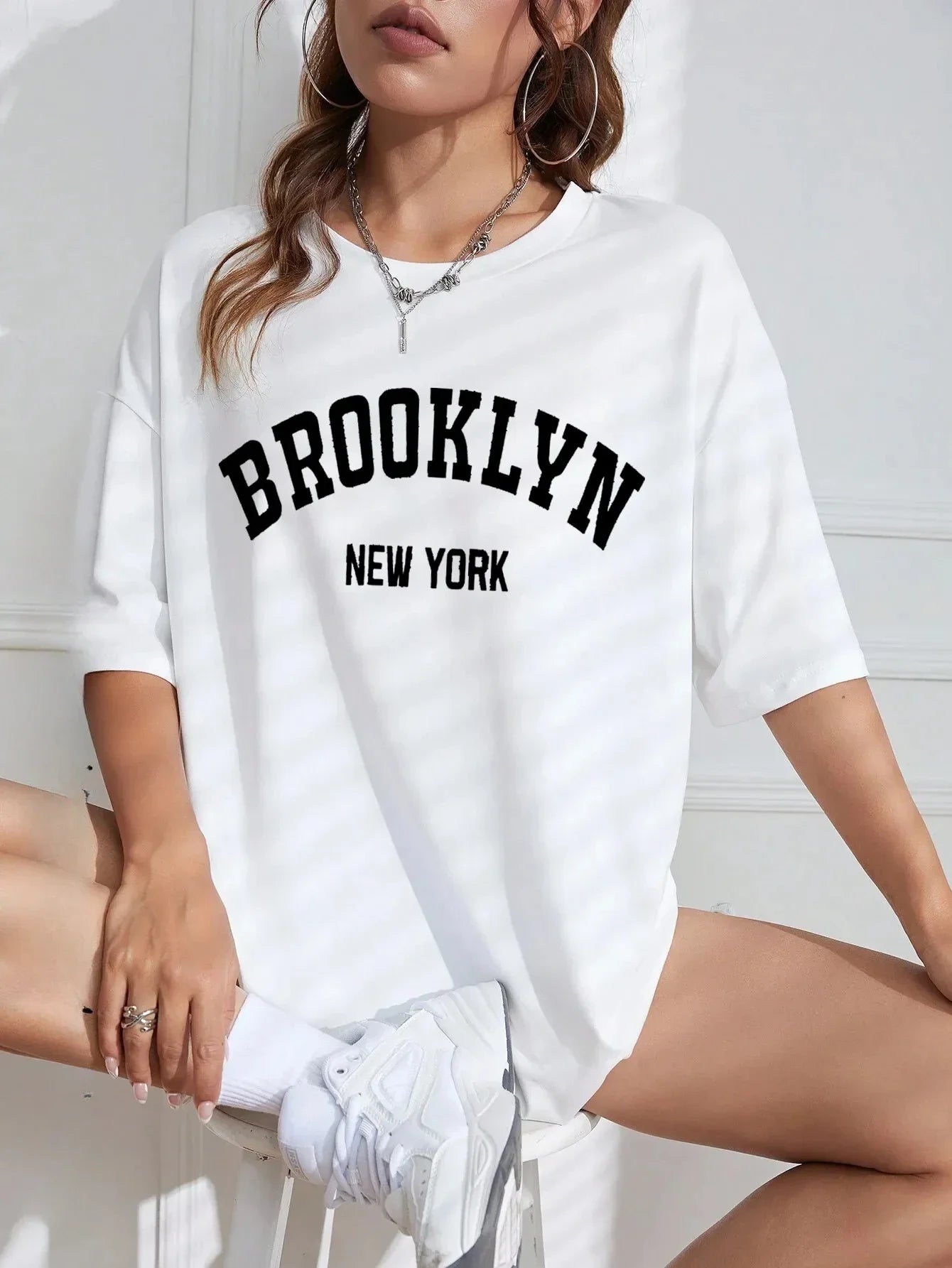 Women'S round Neck T-Shirt Casual Street Clothing Fashionable Letter Print Brooklyn New York Retro Summer
