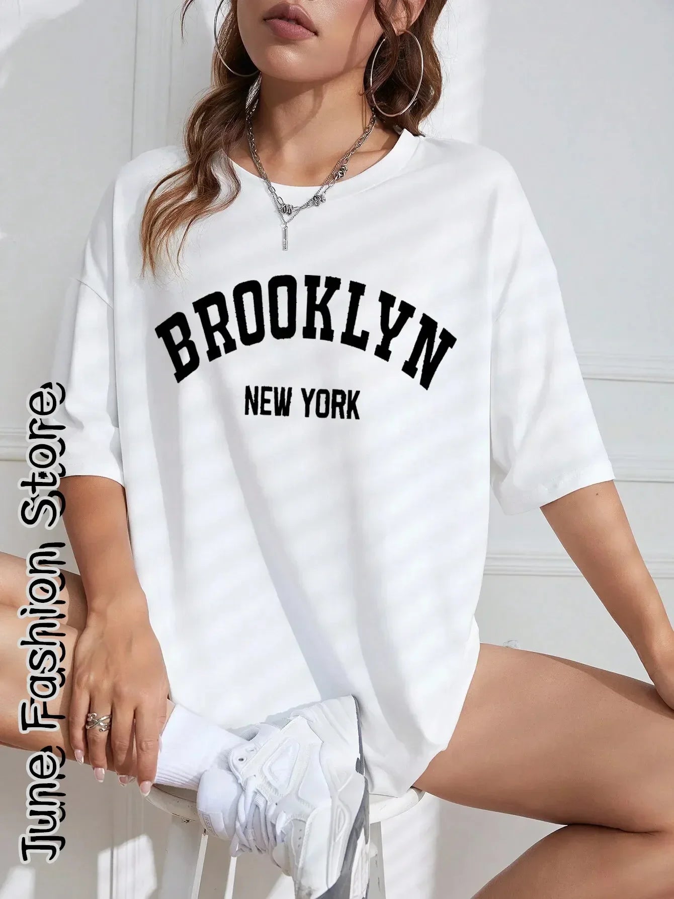 Women'S round Neck T-Shirt Casual Street Clothing Fashionable Letter Print Brooklyn New York Retro Summer