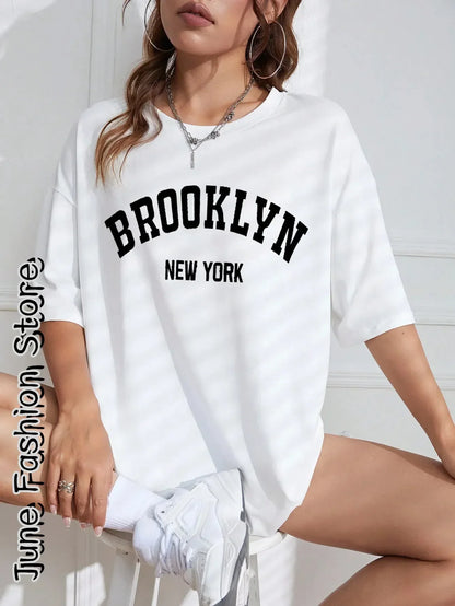 Women'S round Neck T-Shirt Casual Street Clothing Fashionable Letter Print Brooklyn New York Retro Summer