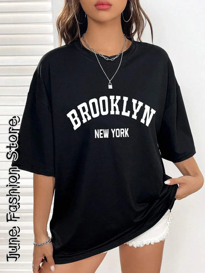 Women'S round Neck T-Shirt Casual Street Clothing Fashionable Letter Print Brooklyn New York Retro Summer