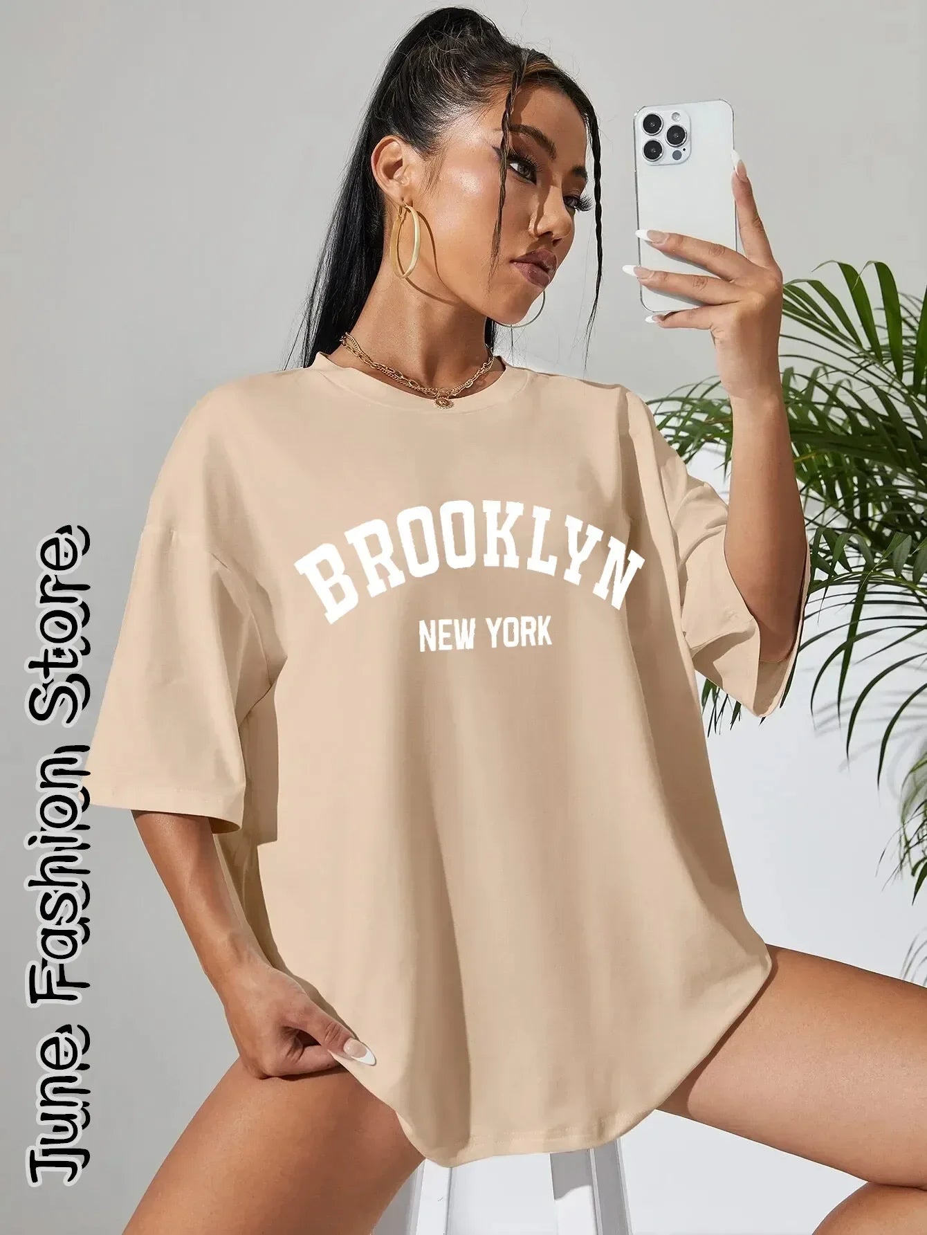 Women'S round Neck T-Shirt Casual Street Clothing Fashionable Letter Print Brooklyn New York Retro Summer